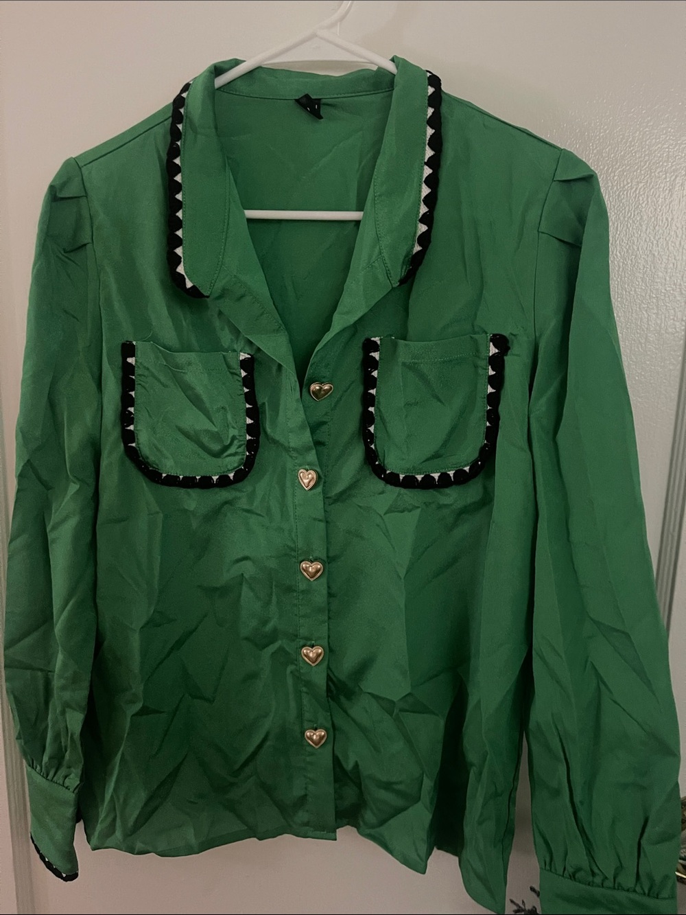 Green Button-Up Blouse with Heart Buttons